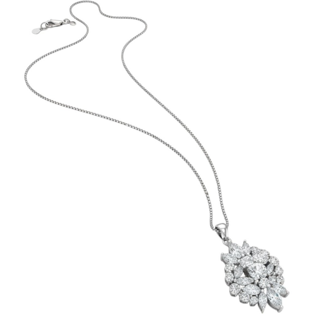 Sterling Silver 925 Italy Box Chain Marquise CZ Cluster Floral Pendant Necklace